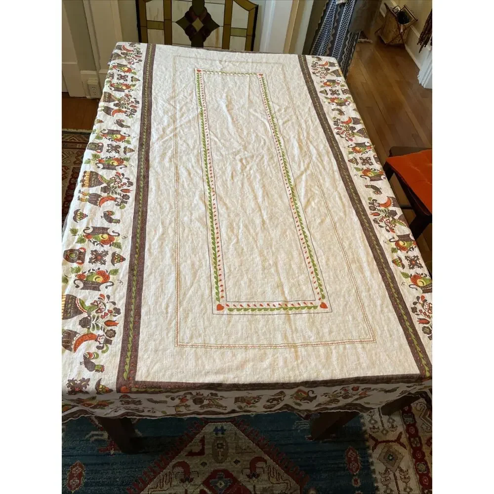 Vintage‎ Pennsylvania Dutch Folk Art Linen Tablecloth 43x75 Amish Couple *READ
